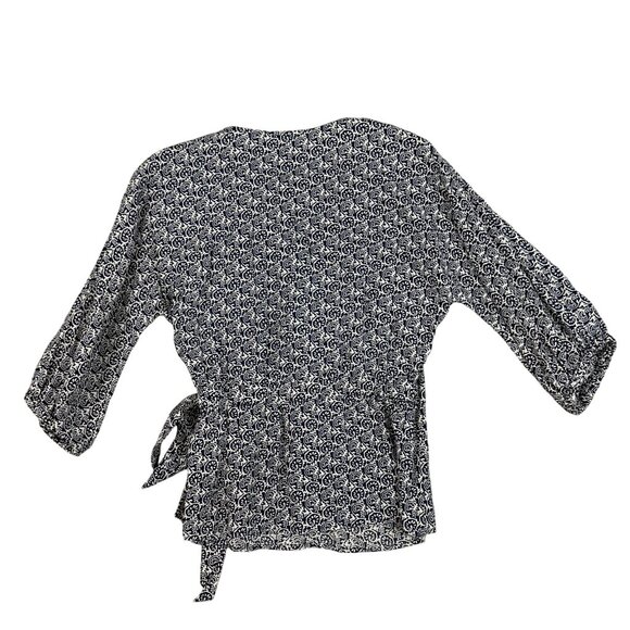Talbots Wrap Blouse Womens XS Blue White Print Tie Waist 3/4 Sleeve Top - Picture 2 of 12